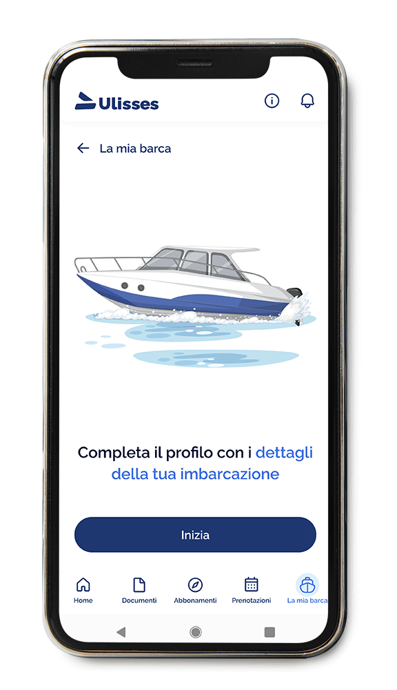 Mockup dell'applicazione Ulisses che mostra la schermata dell'area personale della barca
