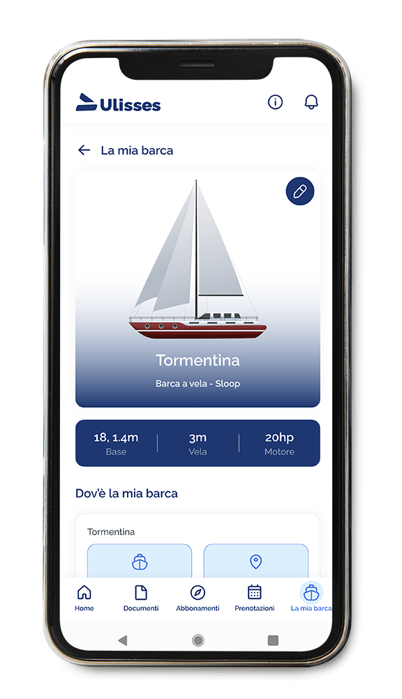 Mockup dell'applicazione Ulisses che mostra la schermata dell'area personale della barca
