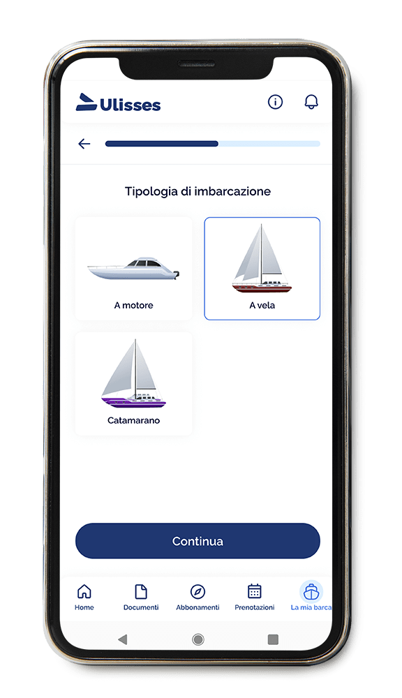 Mockup dell'applicazione Ulisses che mostra la schermata dell'area personale della selezione barca