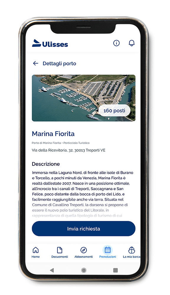 Mockup dell'applicazione Ulisses che mostra la schermata del porto selezionato