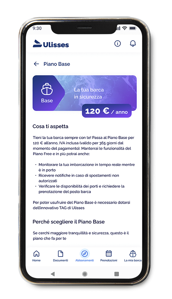 Mockup dell'applicazione Ulisses che mostra la schermata del piano base